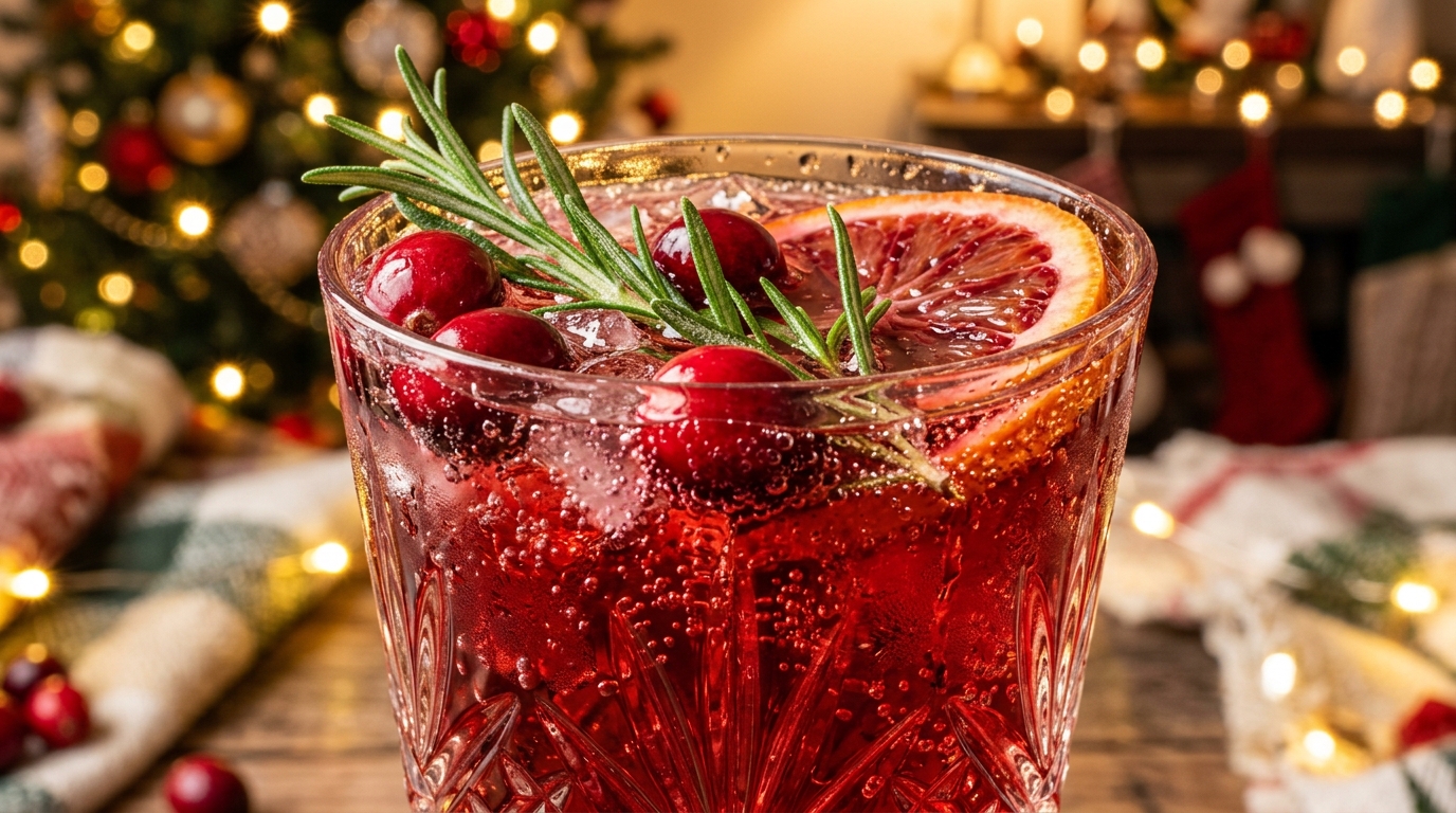 Ultra close-up macro of bubbling sparkling cranberry pomegranate holiday mocktails in fluted crystal glasses with fresh rosemary and citrus